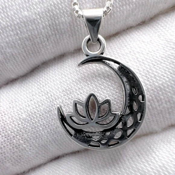.925 Sterling Silver Moon and Lotus Flower Necklace - Picture 12 of 16